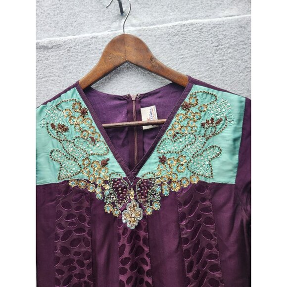 Embroidered Rubashka Couture Purple & Teal Kaftan Long Dress With Beaded Detail - Picture 2 of 9